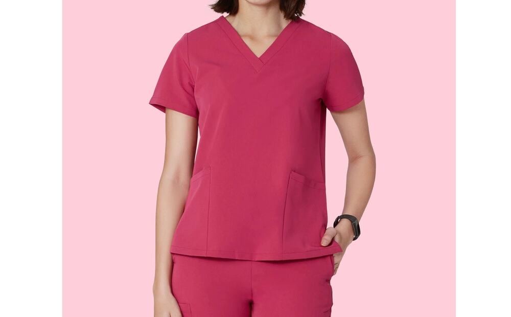 Mandala women's V-neck scrub top in a bright pink/fuchsia color size small